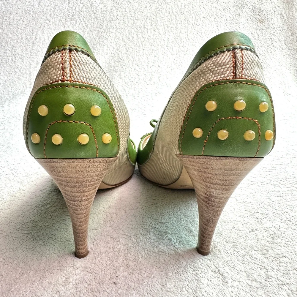 Tod’s Peep‎ Toe Driving Heels Green Canvas Shoes woven Bow 8.5